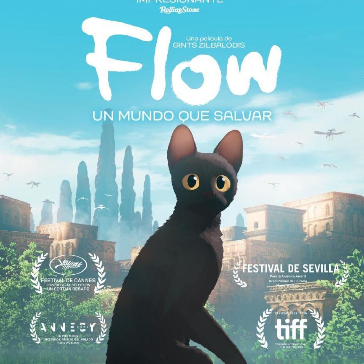 Cartel de cine con gato negro y paisaje.