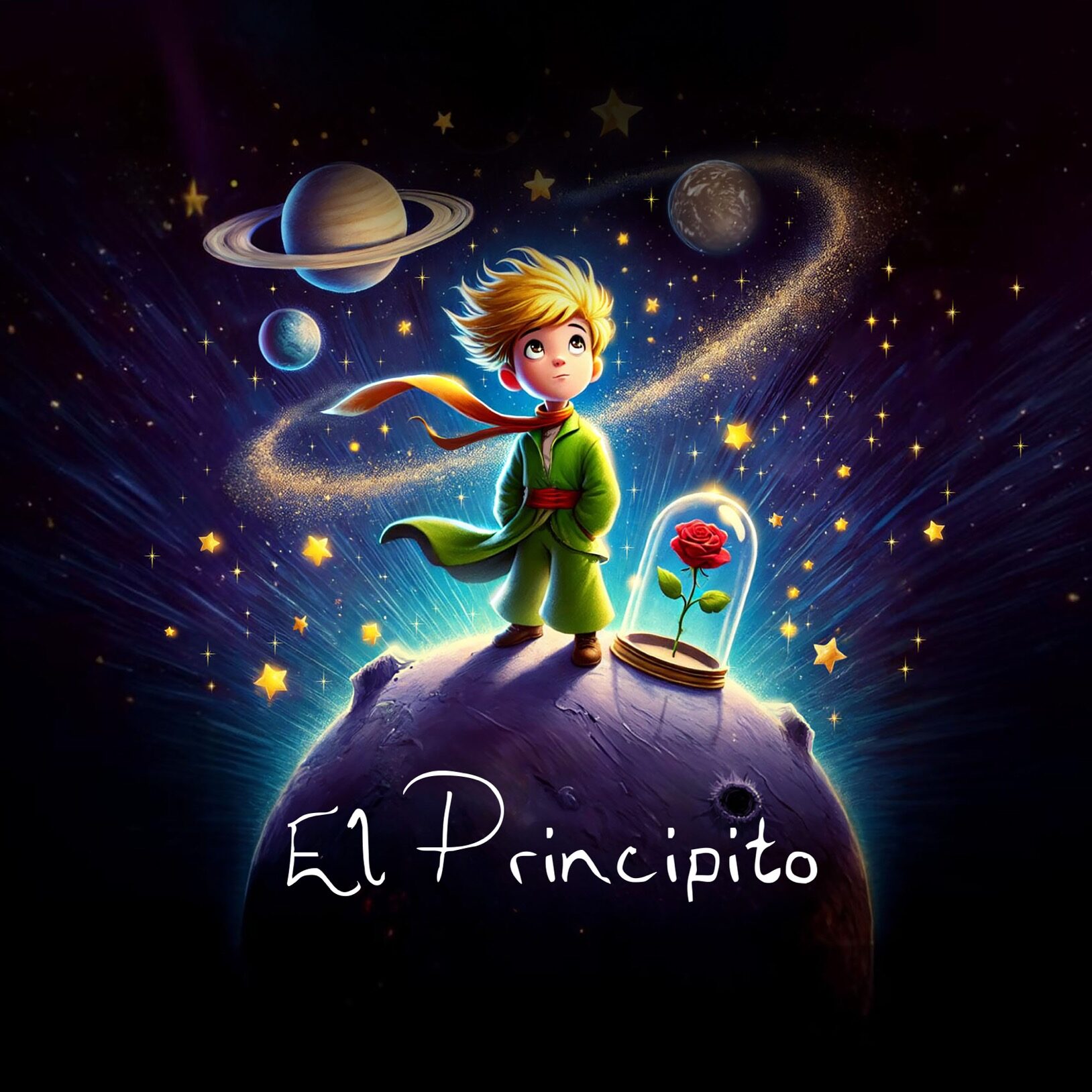 Niño con planeta y rosa bajo estrellas