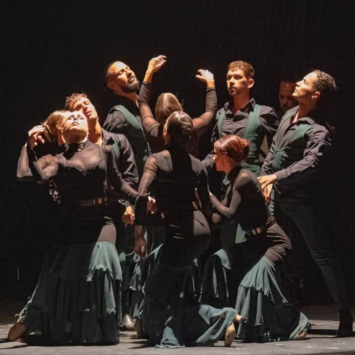 Grupo de bailarines flamencos en actuación teatral