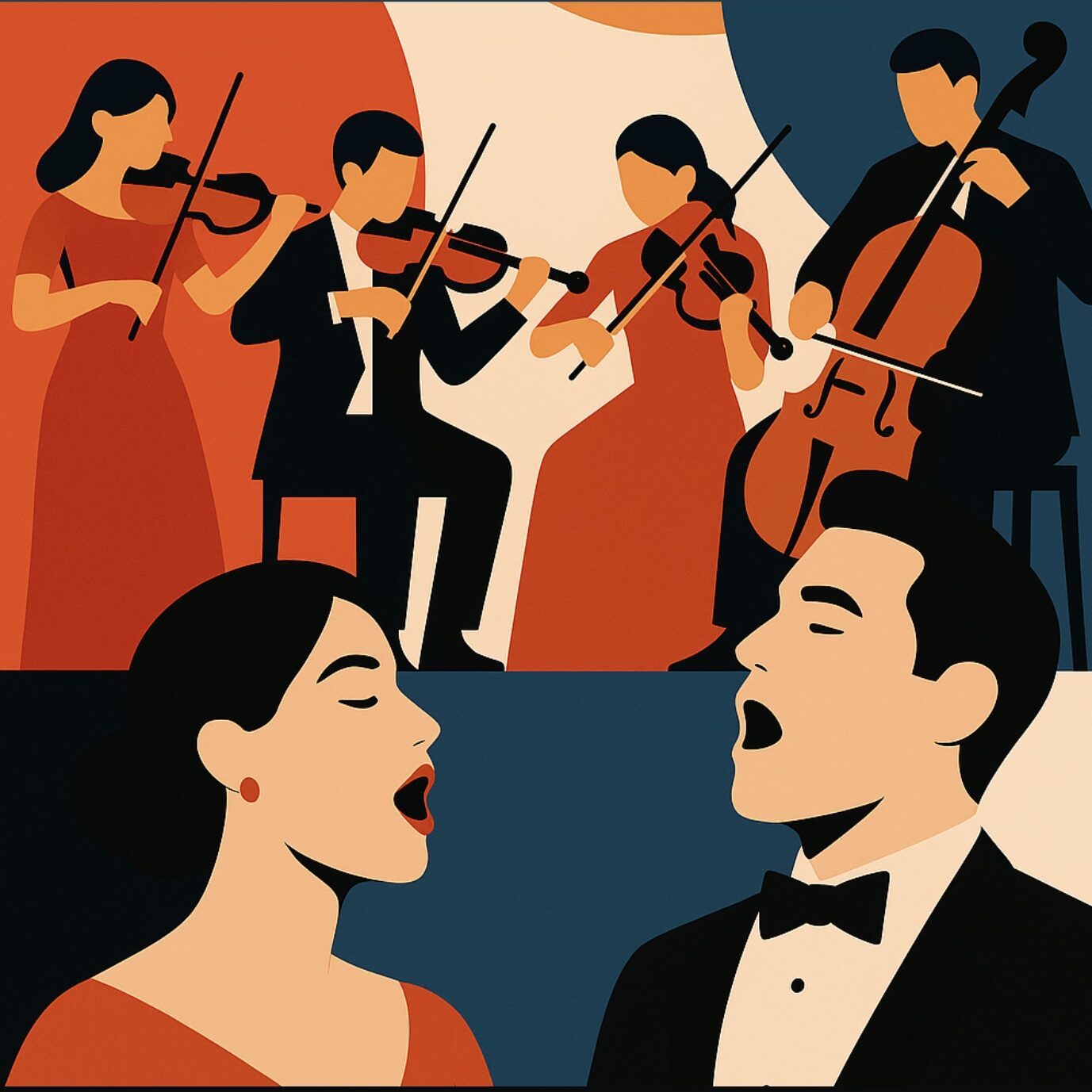 Cartel de ópera con cantantes y cuarteto musical.