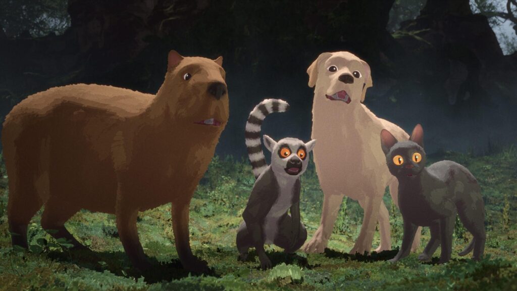 Animales animados en un bosque sorprendidos.