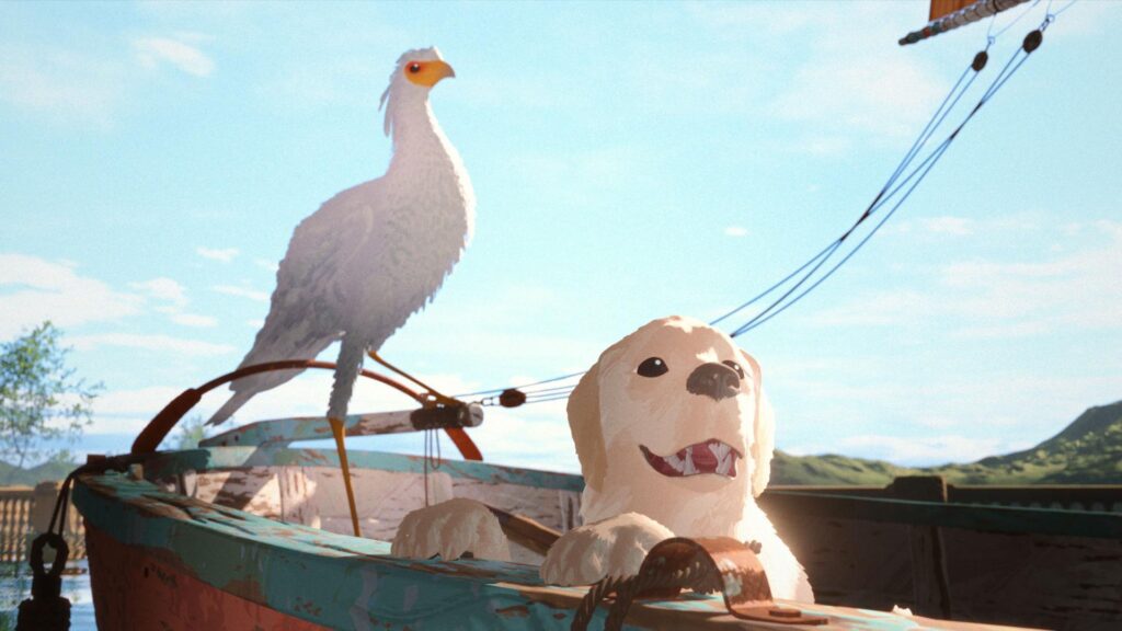 Perro y pájaro en bote disfrutando paisaje.