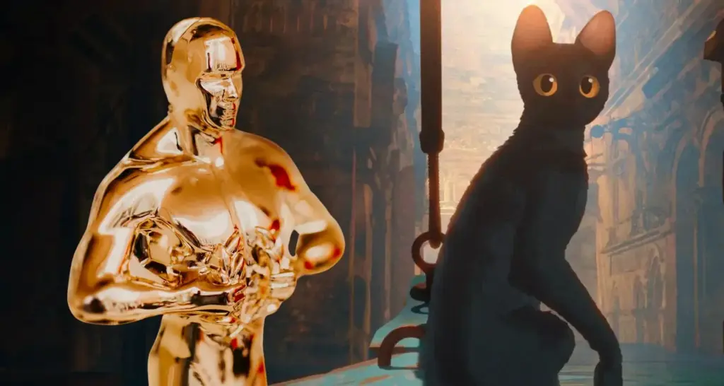 Estatuilla dorada y gato negro juntos en escena.