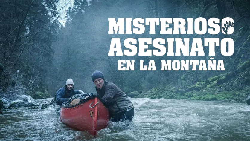 Personas navegando en río montañoso, misterio de asesinato.