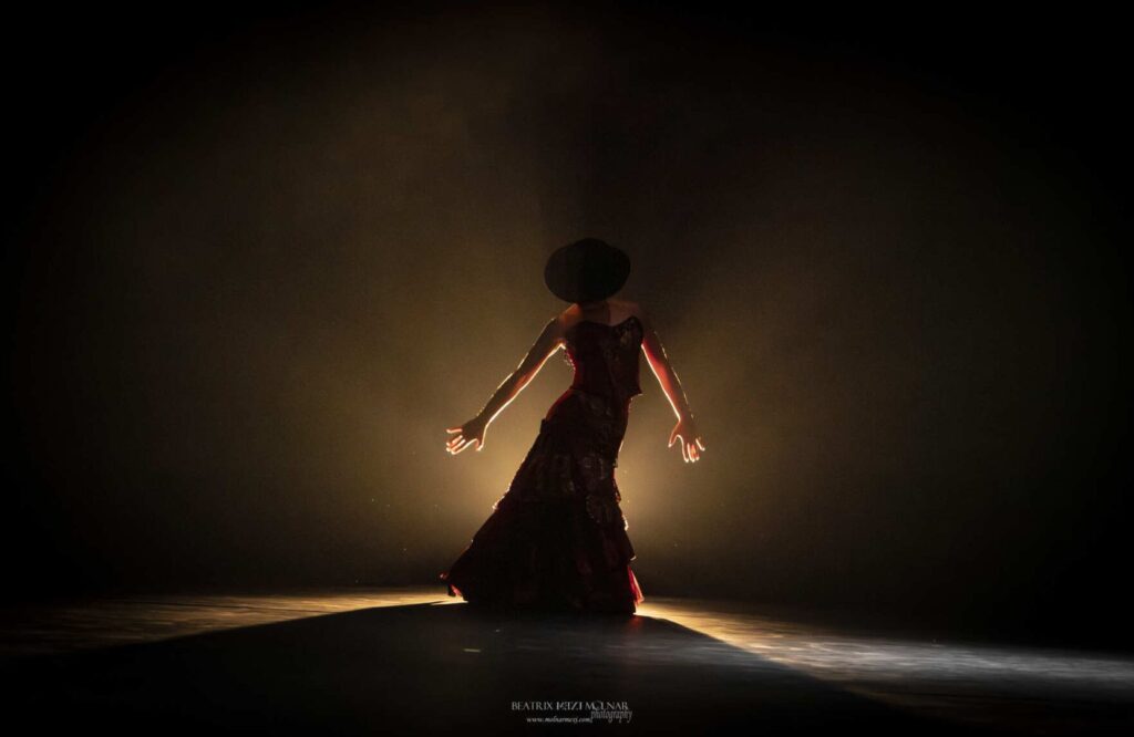 Bailarina flamenca iluminada en contraluz artística.