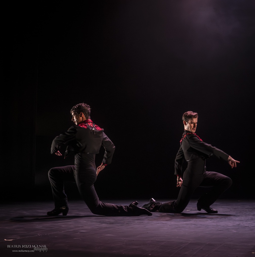 Bailarines de flamenco en el escenario, luz dramática.