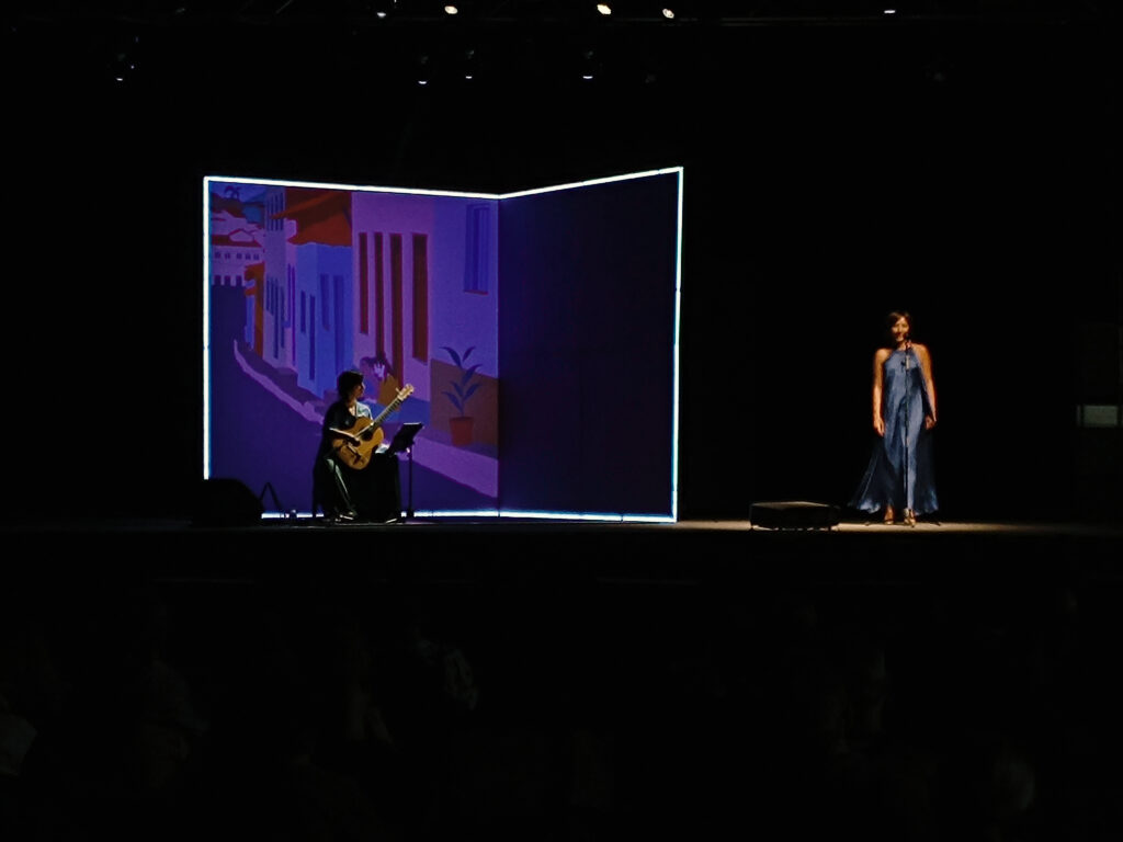 Concierto de guitarra y cantante en escenario iluminado