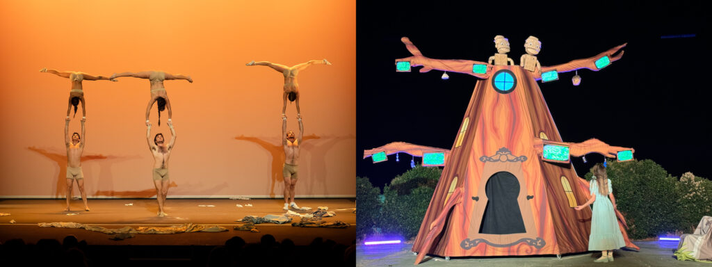 Actuación de acrobacia y escenografía teatral creativa.