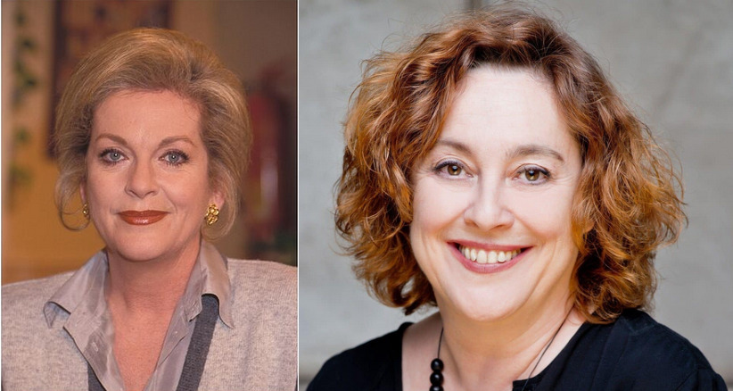 Dos mujeres sonrientes con cabello castaño y ondulado.