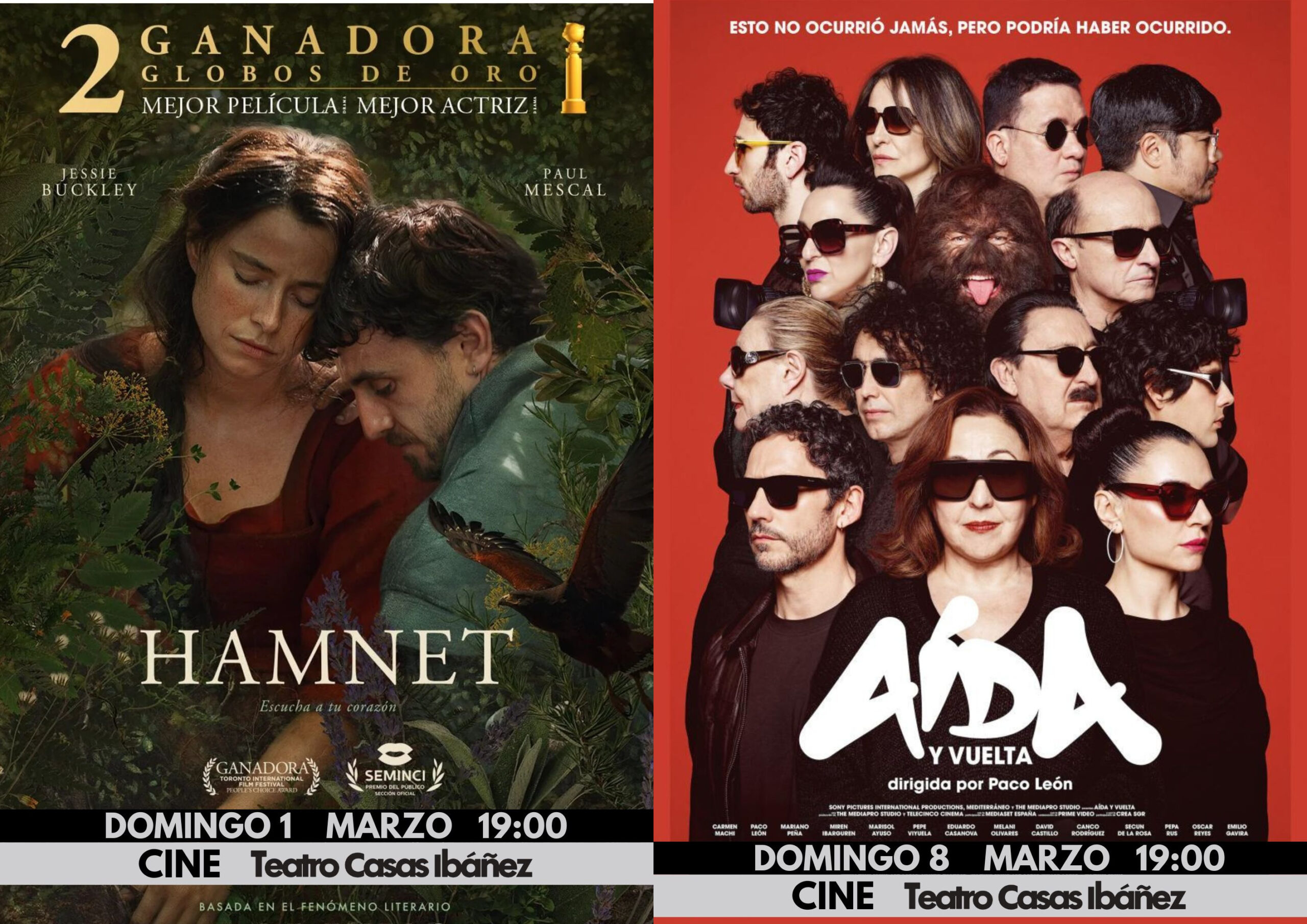 Carteles de películas Hamnet y Aída en teatro.