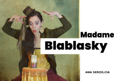 Mujer gesticulando junto a vela, cartel Madame Blablasky