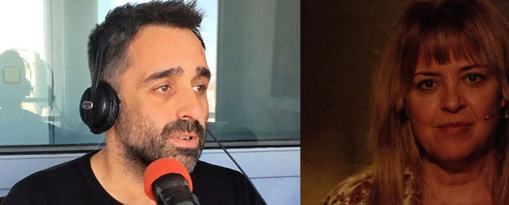 Hombre en estudio y mujer con micrófono