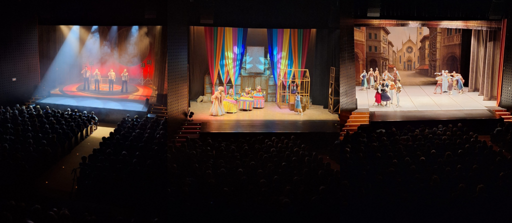 Tres escenarios teatrales con actuaciones y público