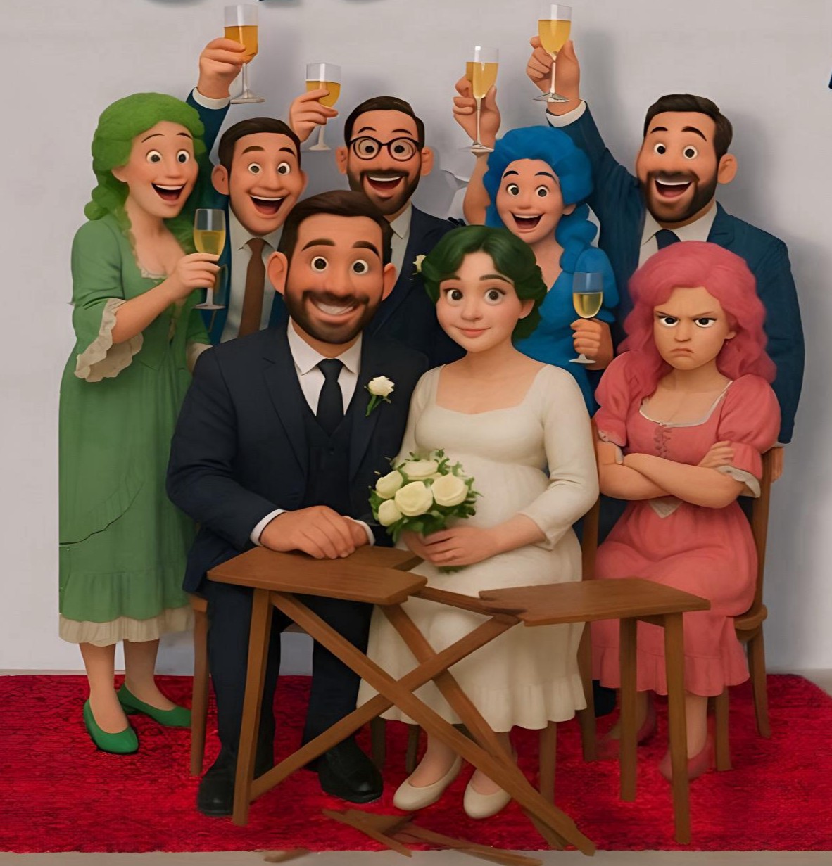 Boda animada con novia sonriente y invitada enfadada