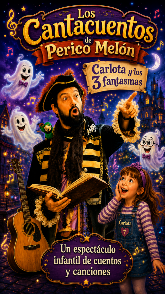 Cartel infantil con cuentacuentos, niña y fantasmas