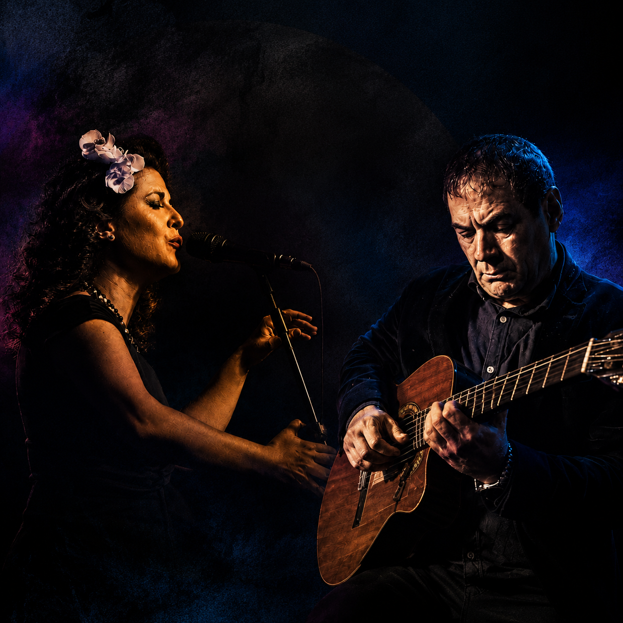 Cantante y guitarrista actuando en escenario oscuro