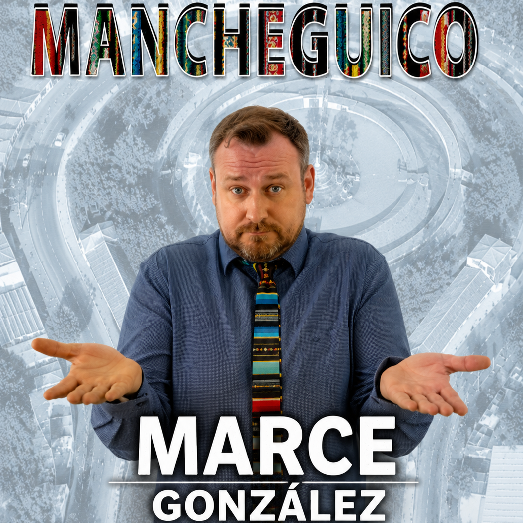 Hombre encogiéndose de hombros con texto Mancheguico