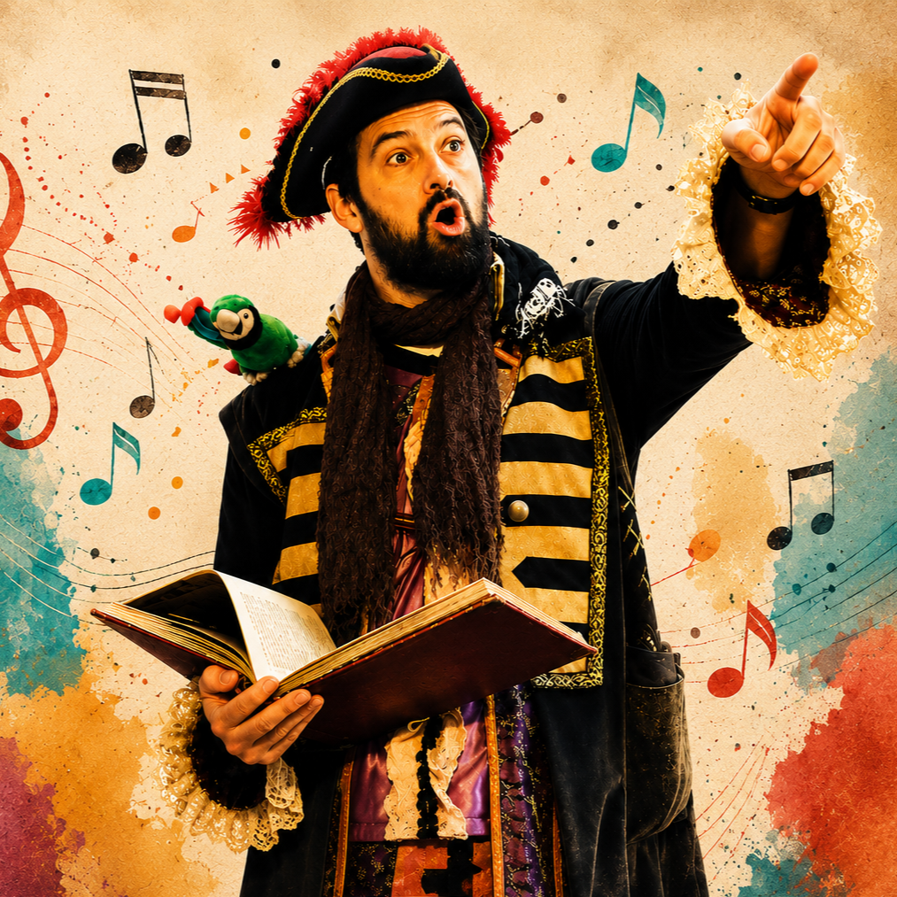 Hombre disfrazado de pirata cantando con libro abierto