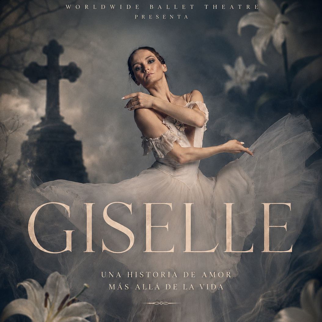 Cartel de ballet Giselle con bailarina entre lirios y niebla
