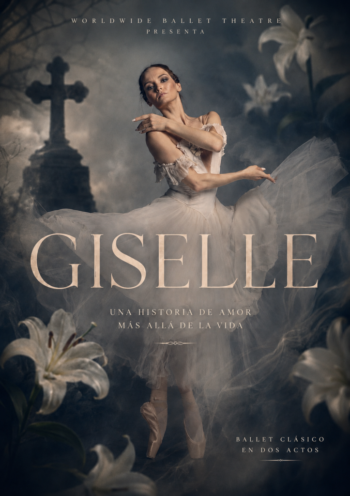 Cartel de ballet Giselle con bailarina y lirios