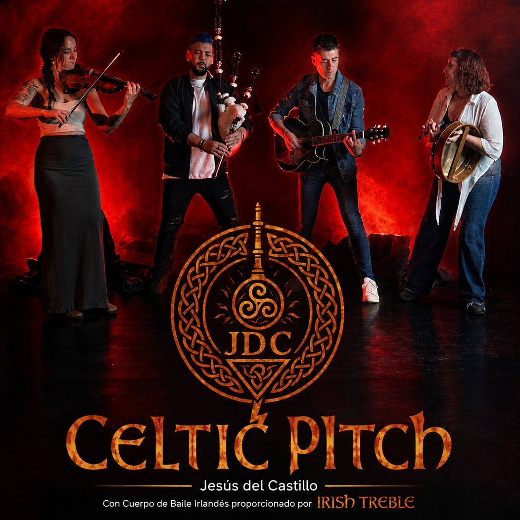 Grupo Celtic Pitch interpretando música celta entre humo rojo