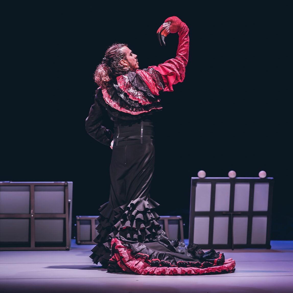 Bailaora flamenca sostiene un flamenco rosa sobre el escenario