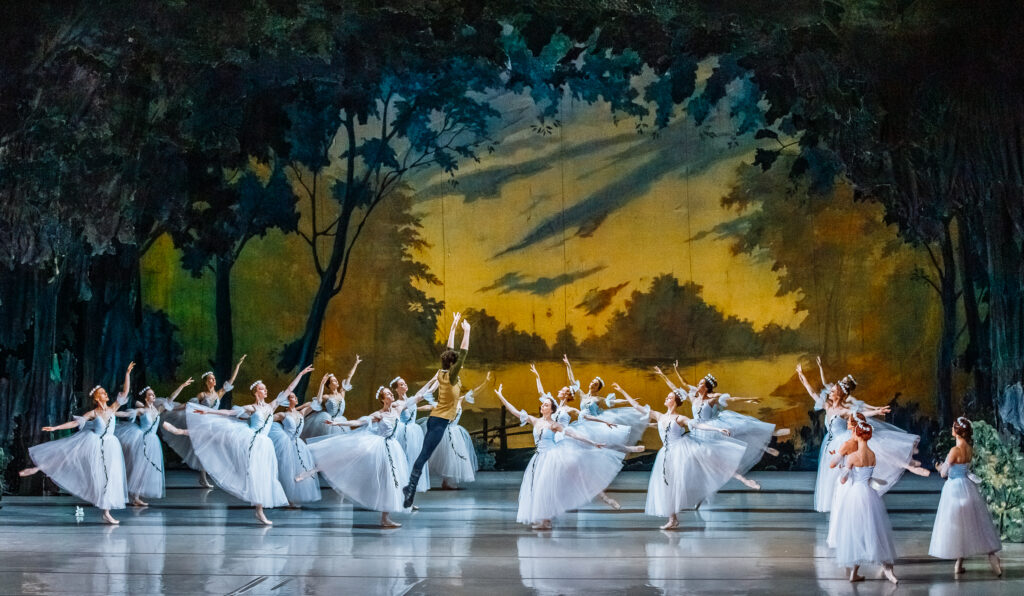 Bailarinas de ballet actúan ante un bosque al atardecer