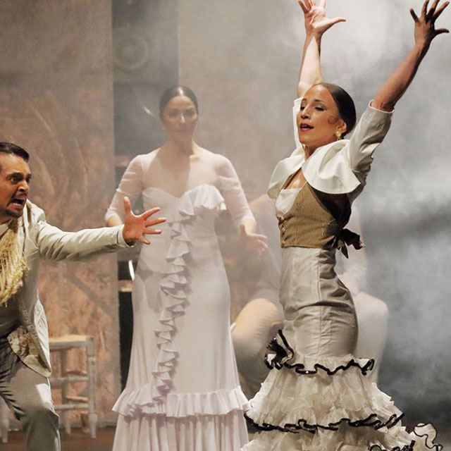 Bailaores de flamenco actuando entre humo escénico