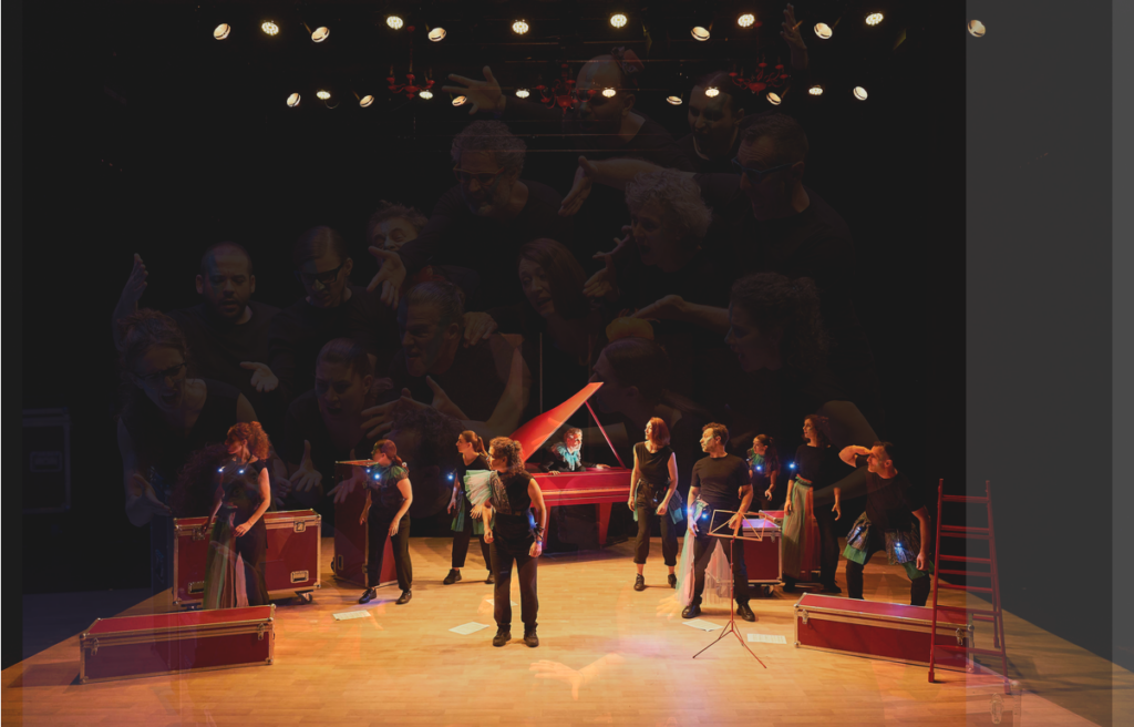 Actores en escena con piano rojo y luces teatrales