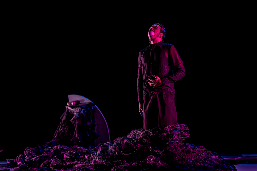 Artista sobre rocas bajo luces magenta en escenario oscuro