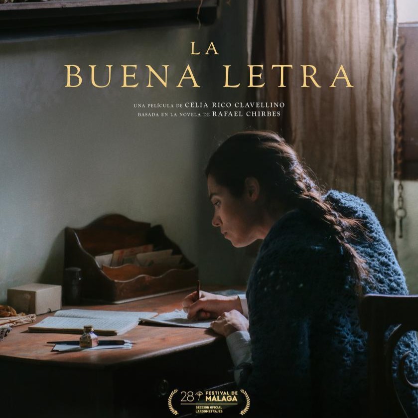 Cartel de La buena letra con mujer escribiendo