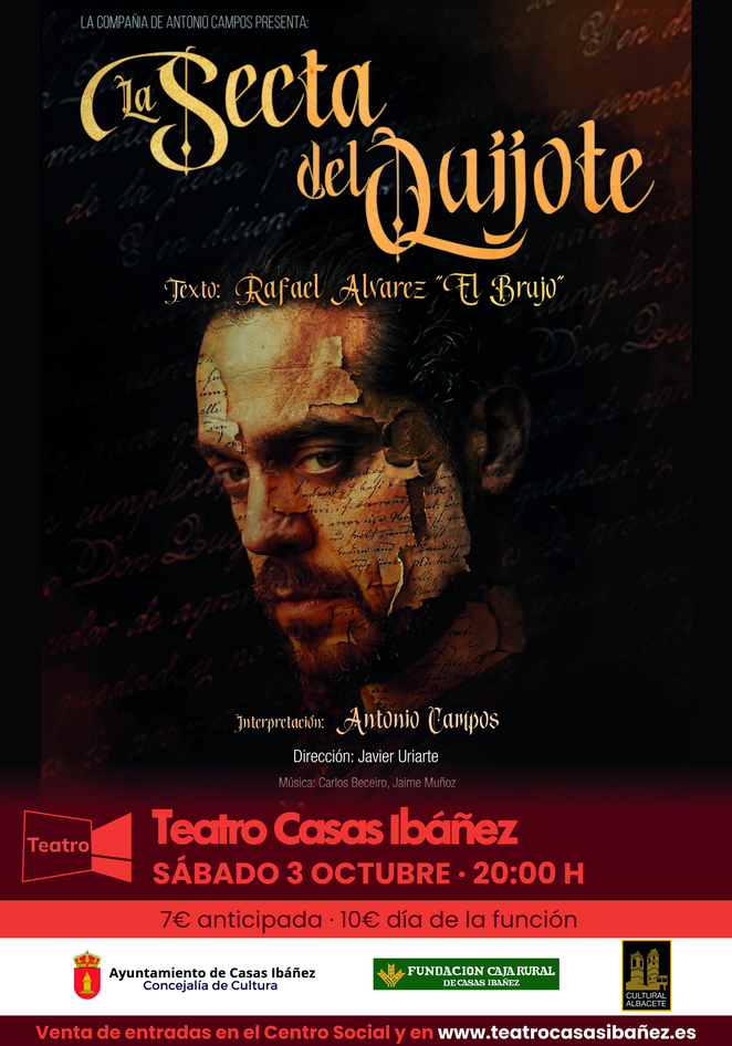 Cartel teatral de La Secta del Quijote con Antonio Campos