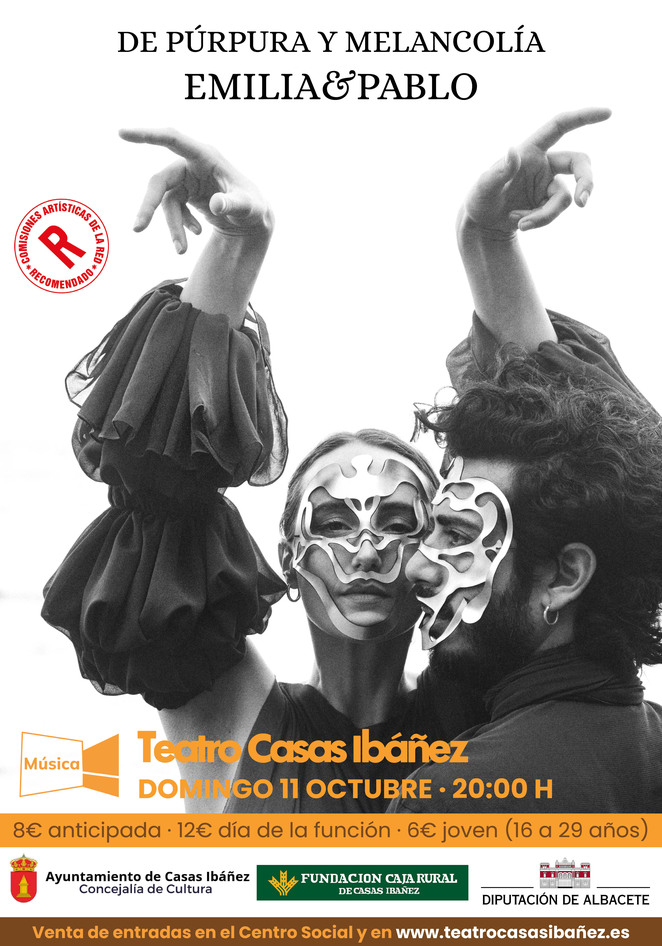 Cartel teatral De púrpura y melancolía con dos intérpretes enmascarados