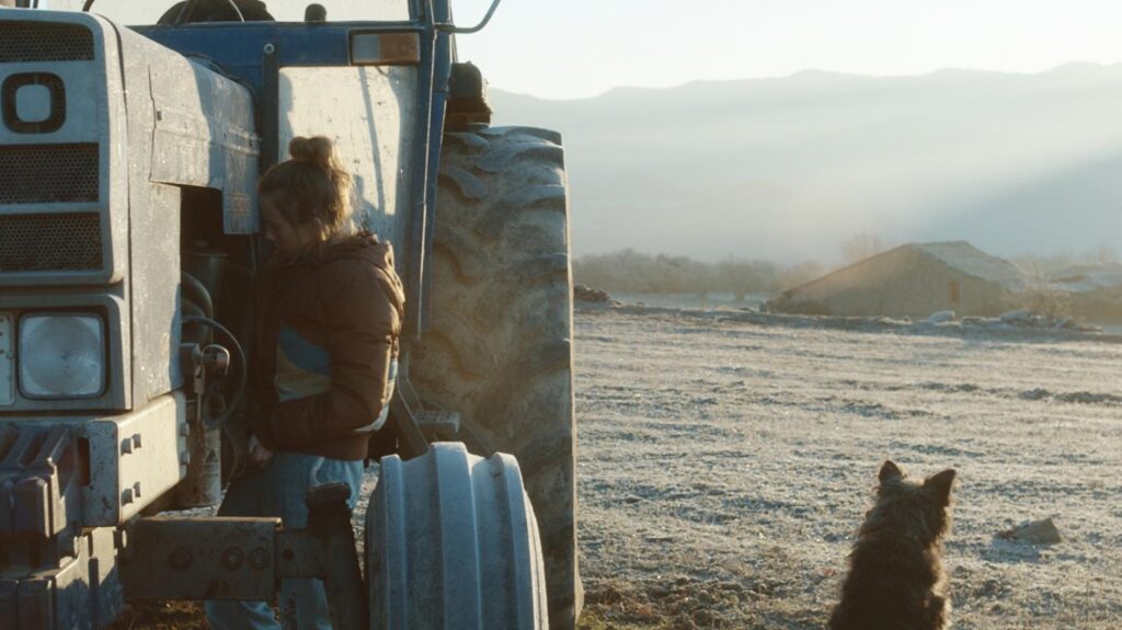 Mujer revisando un tractor junto a un perro